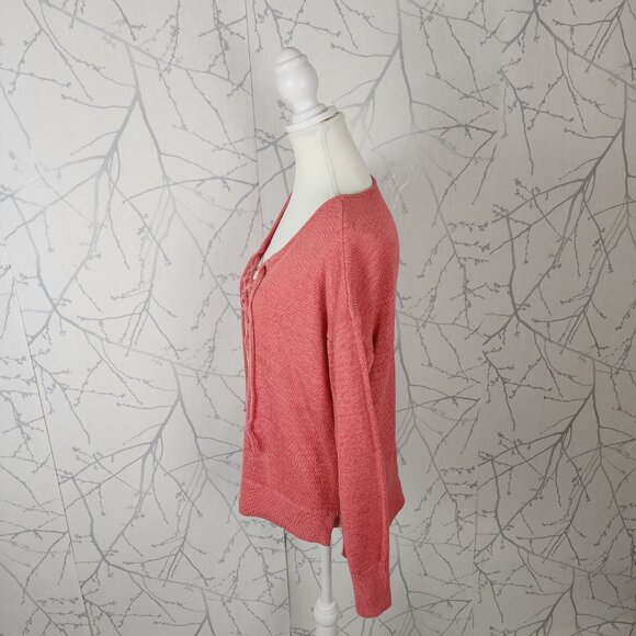 LOFT Coral Pink Ramie Cotton Blend Knit Lace Up Front Sweater - Picture 3 of 6